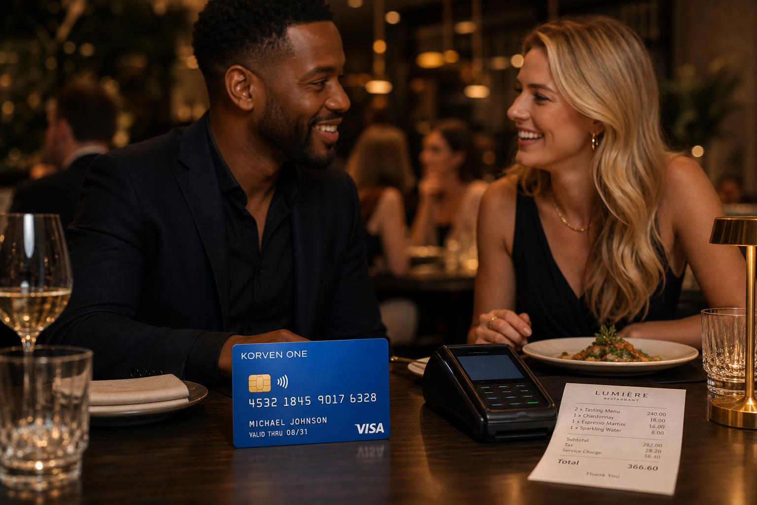 Couple dining at an upscale restaurant paying with an electric-blue Korven One Business Card