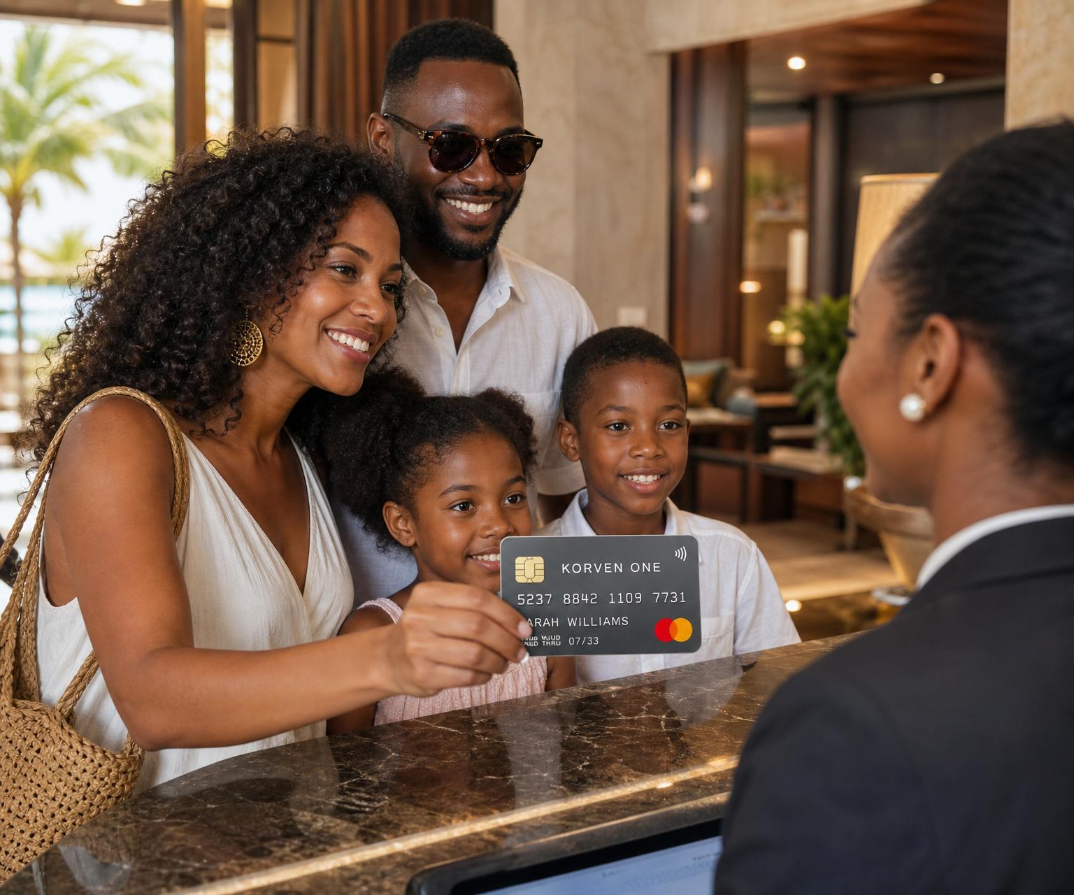 Haitian family checking into a luxury hotel paying with a graphite-gray Korven One Card